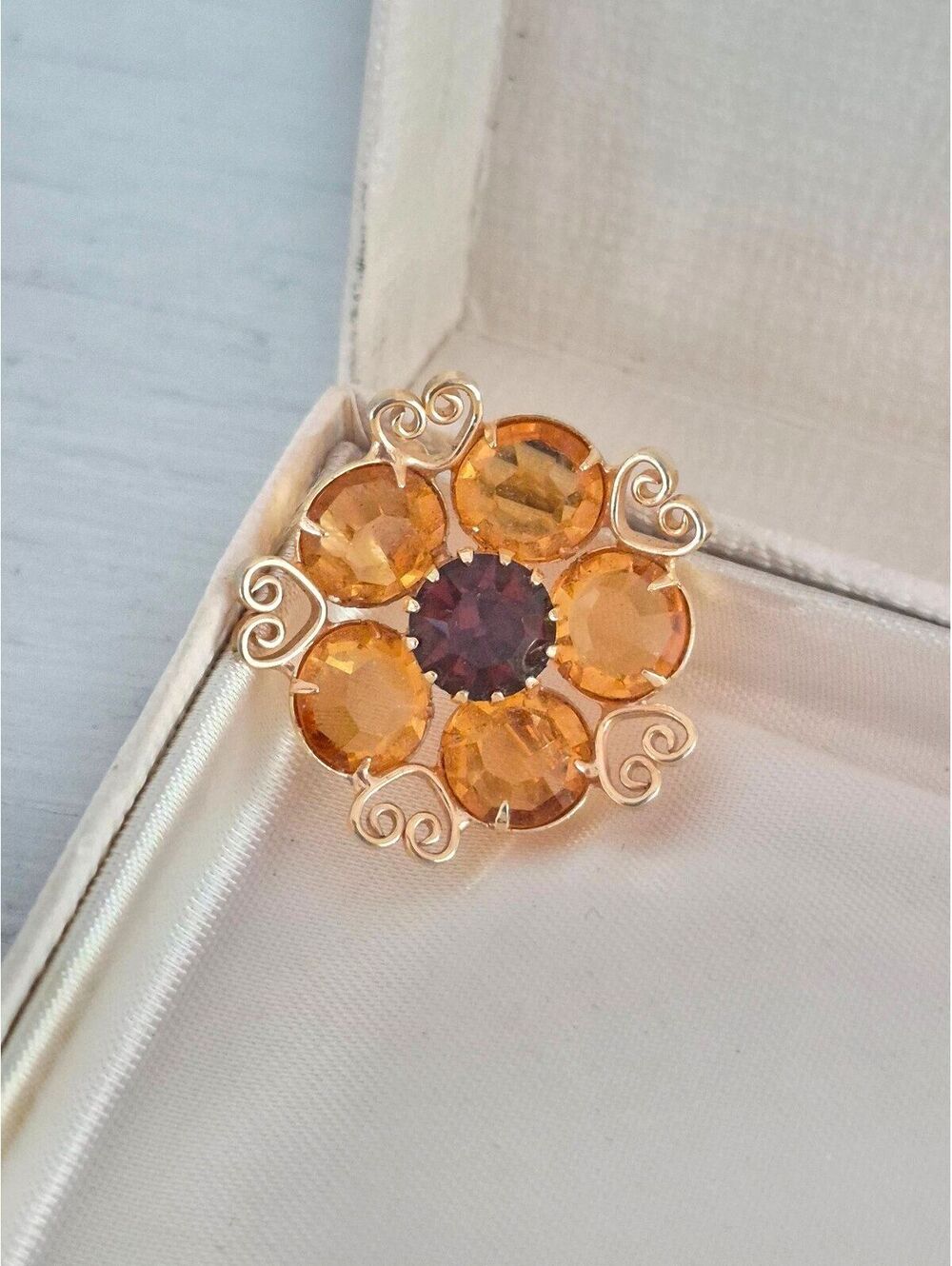Vintage Mini Citrine Glass Floral Brooch Pin